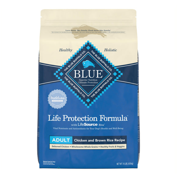 Blue Buffalo Life Protection Formula Chicken and Brown Rice Dry Dog Food for Adult Dogs  Whole Grain  15 lb. Bag