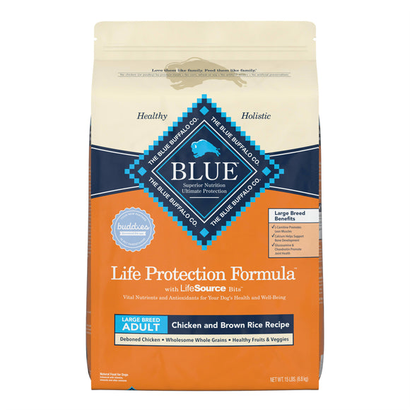 Blue Buffalo Life Protection Formula Large Breed Chicken and Brown Rice Dry Dog Food for Adult Dogs  Whole Grain  15 lb. Bag