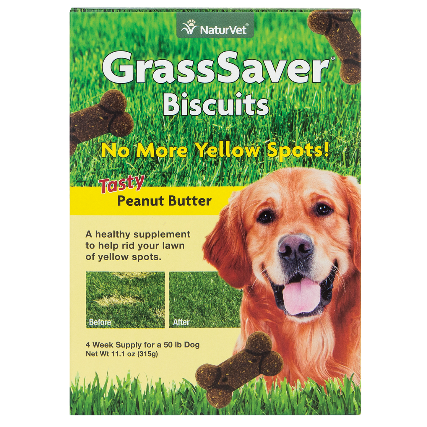 NaturVet – GrassSaver Biscuits for Dogs – Healthy Supplement to Help Rid Your Lawn of Yellow Spots – Enhanced with a Tasty Peanut Butter Flavor – 4 Week Suppy - 11.1oz