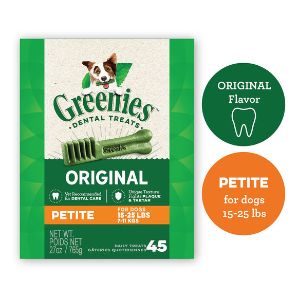 GREENIES Original Petite Natural Dog Dental Care Chews Oral Health Dog Treats  27 oz. Pack (45 Treats)