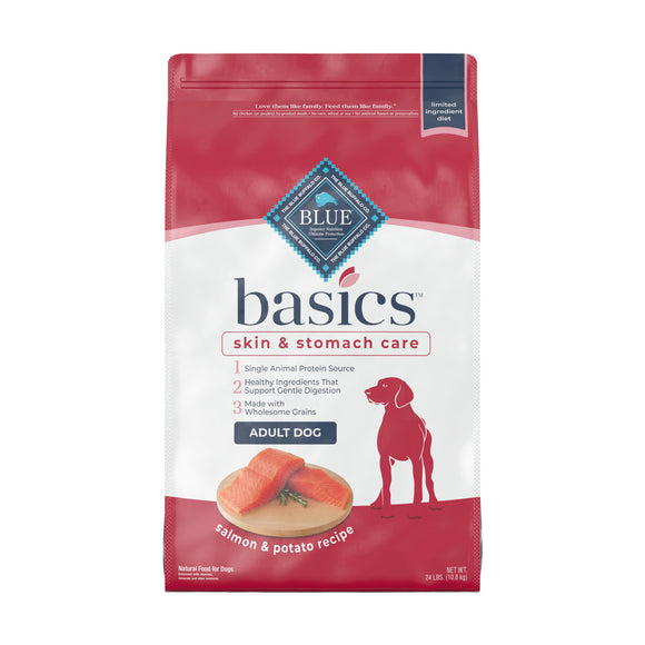 Blue Buffalo Basics Skin & Stomach Care Salmon and Potato Dry Dog Food for Adult Dogs  Whole Grain  24 lb. Bag