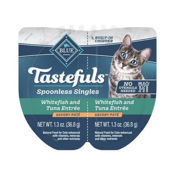 Blue Buffalo Tastefuls Spoonless Singles Whitefish and Tuna Pate Wet Cat Food for Adult Cats  2.6-oz Twin-Pack Tray