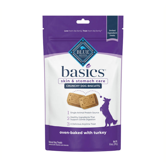 Blue Buffalo Basics Skin & Stomach Care Turkey & Potato Flavor Crunchy Biscuit Treats for Dogs  Whole Grain  6 oz. Bag