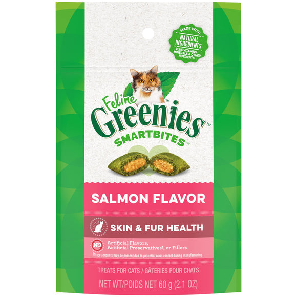 FELINE GREENIES SMARTBITES Skin & Fur Crunchy and Soft Natural Cat Treats  Salmon Flavor  2.1 oz. Pack
