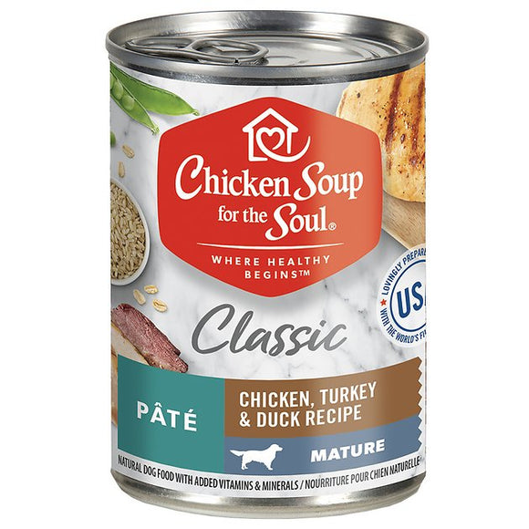 Chicken Soup for the Soul Chicken  Duck & Turkey Flavor Pate Wet Dog Food for Mature Dogs   13 oz. Cans