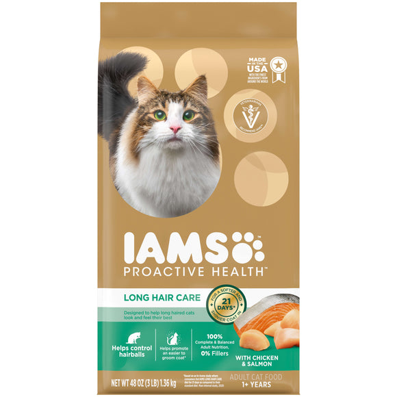 Iams Proactive Health Long Hair Care Chicken Flavor Dry Food for Adult Cats  3 lb Bag