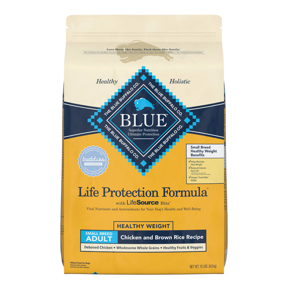 Blue Buffalo Life Protection Formula Small Breed Healthy Weight Chicken and Brown Rice Dry Dog Food for Adult Dogs  Whole Grain  15 lb. Bag