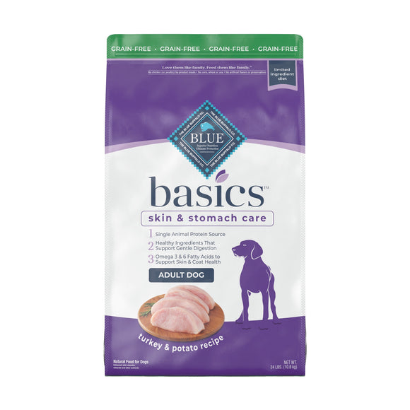 Blue Buffalo Basics Skin & Stomach Care Turkey and Potato Dry Dog Food for Adult Dogs  Grain-Free  4 lb. Bag