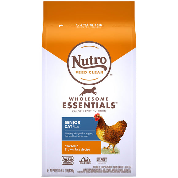 NUTRO WHOLESOME ESSENTIALS Indoor Farm-Raised Chicken and Brown Rice Recipe Senior Dry Cat Food 3 Pounds