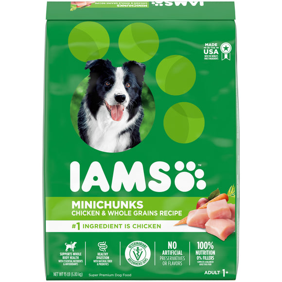 IAMS Adult Minichunks Small Kibble High Protein Dry Dog Food with Real Chicken  15 lb. Bag