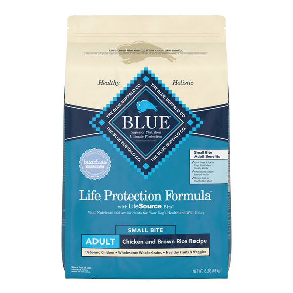 Blue Buffalo Life Protection Formula Small Bite Chicken and Brown Rice Dry Dog Food for Adult Dogs  Whole Grain  15 lb. Bag