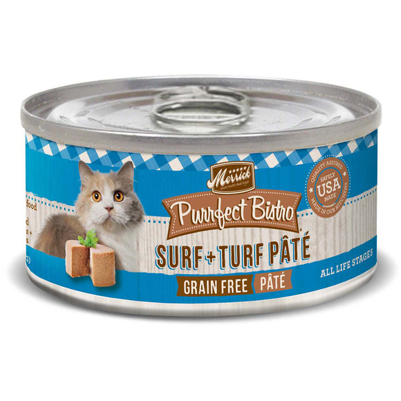 Merrick Purrfect Bistro Grain Free Surf Turf Pate Canned Cat Food, 3 oz, Case of 24