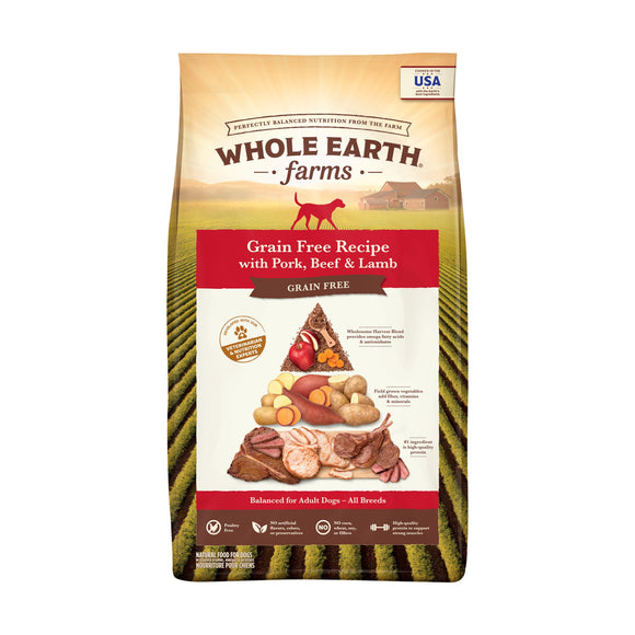 Whole Earth Farms Grain Free Dog Food  Pork  Beef and Lamb Recipe  Dry Dog Food - 25 lb Bag