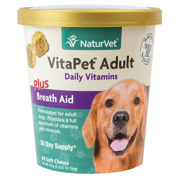 NaturVet VitaPet Adult Daily Vitamins Plus Breath Aid Dental Health Dog Chews Supplement, 60 Ct