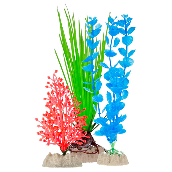 GloFish Fluorescent Plant Multipack 3 Count, Contains Small Orange, Medium Green, Large Blue Aquarium Plants