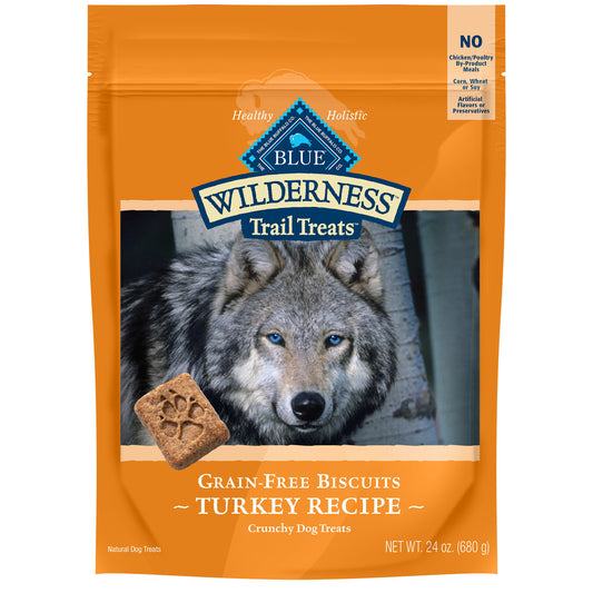 Blue Buffalo Wilderness Trail Treats High Protein Turkey Flavor Crunchy Biscuit Treats for Dogs  Grain-Free  24 oz. Bag