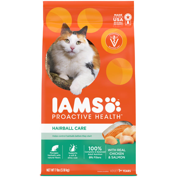 IAMS PROACTIVE HEALTH Adult Hairball Care Dry Cat Food with Chicken and Salmon  7 lb. Bag