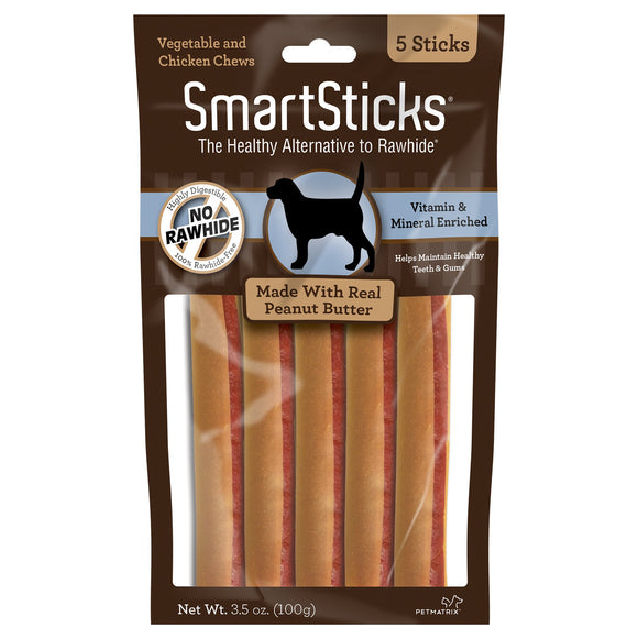 SmartBones SmartSticks With Real Peanut Butter 5 Count  Rawhide-Free Chews For Dogs
