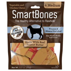 SmartBones Medium Chews with Real Peanut Butter 4 Count  Rawhide-Free Chews for Dogs