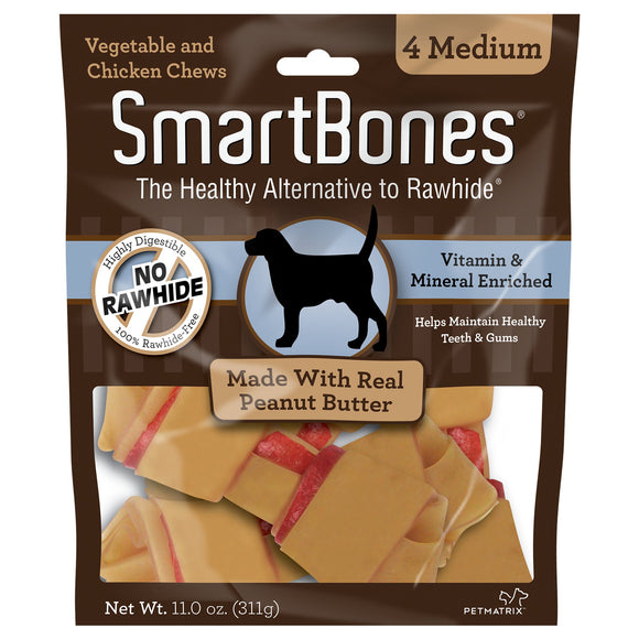 SmartBones Medium Chews with Real Peanut Butter 4 Count  Rawhide-Free Chews for Dogs