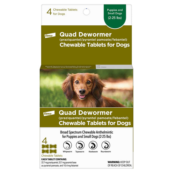 Bayer Chewable Quad Dewormer for Small Dogs  2-25 lbs  4 Chewable Tablets