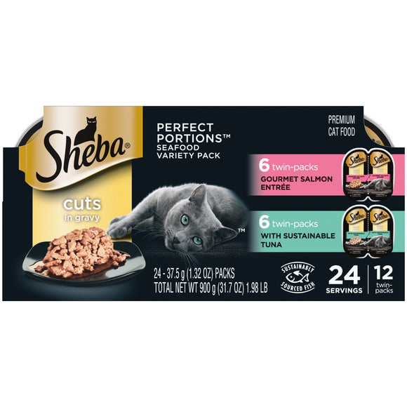 SHEBA Wet Cat Food Cuts in Gravy Variety Pack  With Sustainable Tuna and Gourmet Salmon Entree  (12) 2.6 oz. PERFECT PORTIONS Twin-Pack Trays