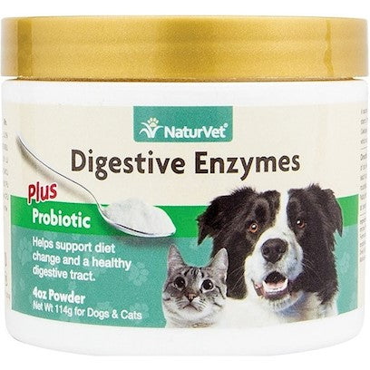 NaturVet Healthy Probiotics and Digestive Enzyme Powder Supplement for Dogs and Cats, 8oz Jar