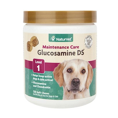 NaturVet – Glucosamine DS - Level 1 Maintenance Care – Preventative Care to Maintain Healthy Cartilage & Joint Function – Enhanced with Glucosamine & Chondroitin – 120ct Soft Chew Jar