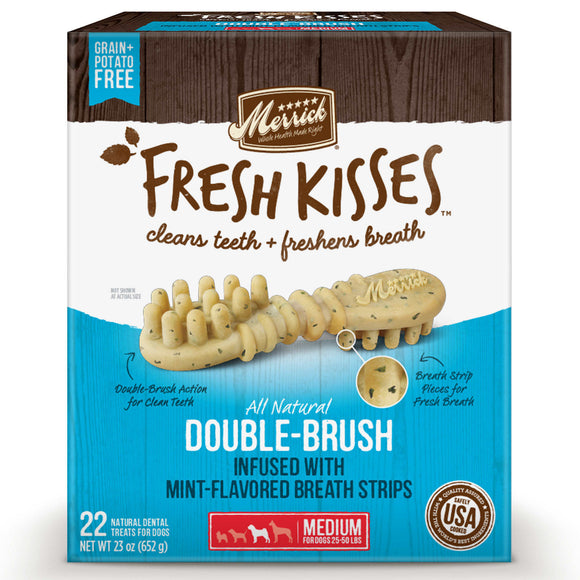 Merrick Fresh Kisses Grain-Free Mint Breath Strips Medium Brush Dental Dog Treats, 22 Ct
