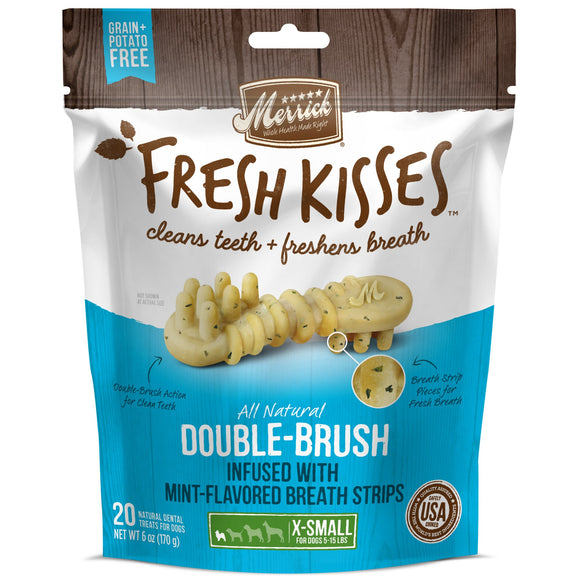Merrick Fresh Kisses Grain-Free Mint Breath Strips Extra Small Brush Dental Dog Treats, 20 Ct