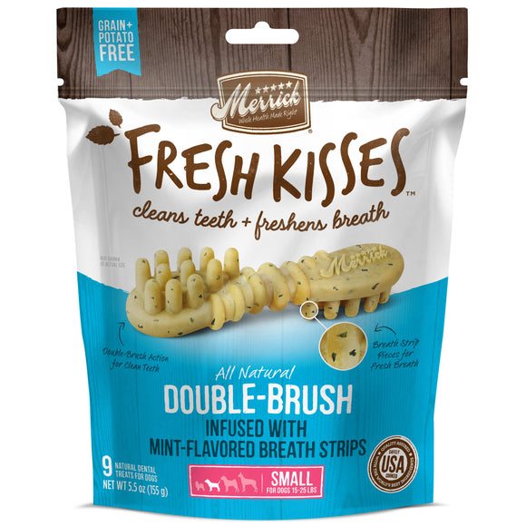 Merrick Fresh Kisses Grain-Free Mint Breath Strips Small Brush Dental Dog Treats, 9 Ct