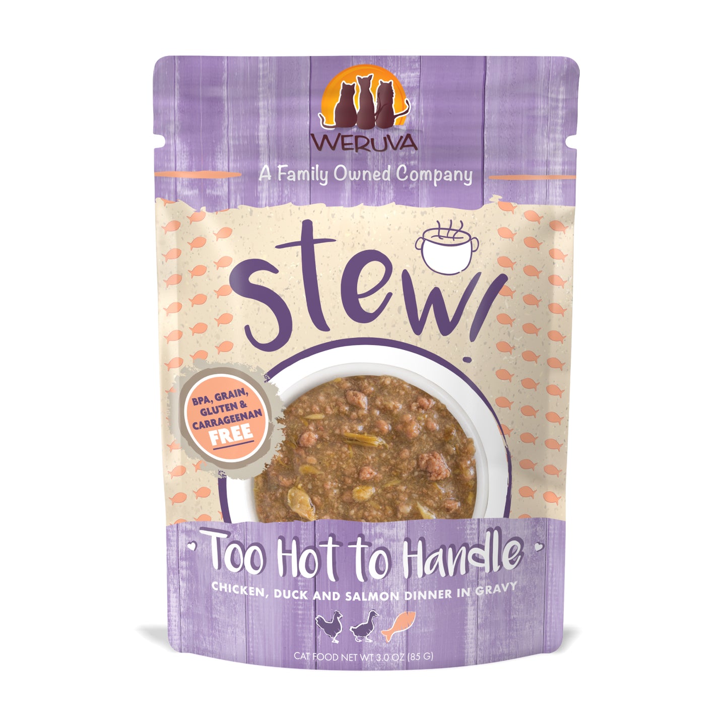 Weruva Stew 3oz Pouch Cat food Too Hot to Handle Chicken, Duck and Salmon