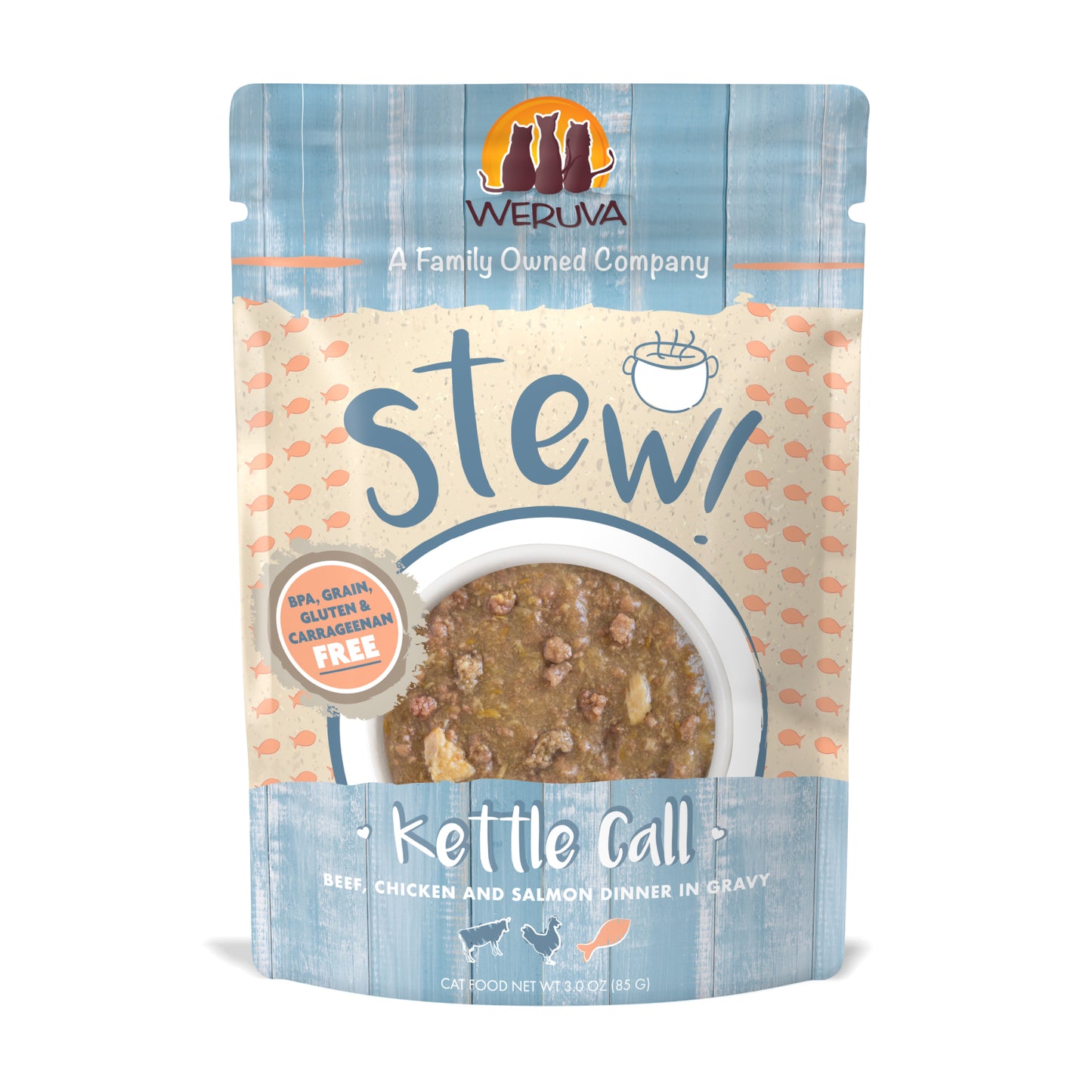Weruva Stew 3oz Pouch Cat food Kettle Call Beef, Chicken and Salmon