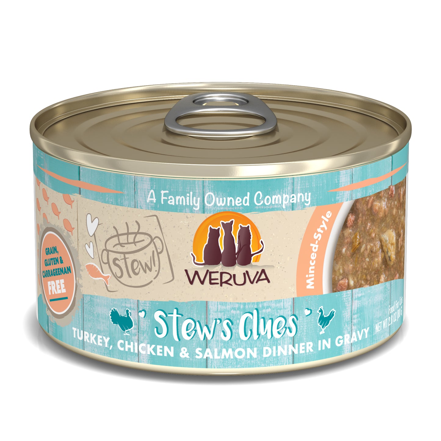 Weruva Stew 2.8oz Canned Cat food  Stew's Clues Turkey, Chicken & Salmon