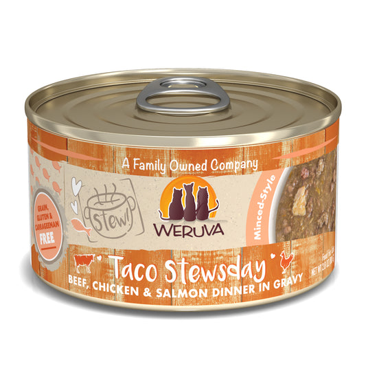 Weruva Stew 2.8oz Canned Cat food Taco Stewsday Beef, Chicken & Salmon
