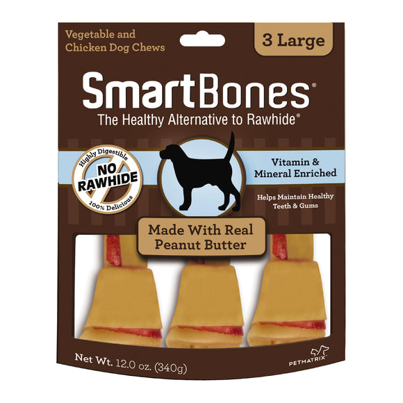 SmartBones Large Chews with Real Peanut Butter 3 Count  Rawhide-Free Chews for Dogs