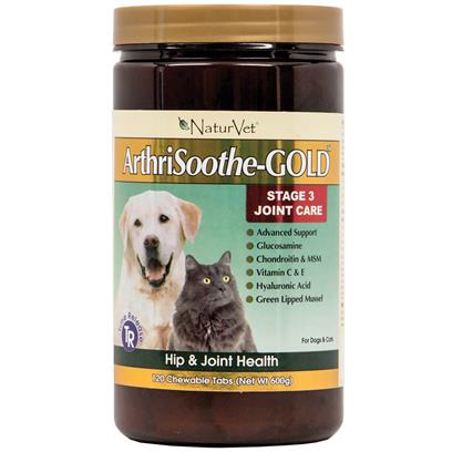 NaturVet ArthriSoothe-GOLD Level 3, MSM and Glucosamine for Dogs and Cats, Advanced Joint Care Support Supplement with Chondroitin and Omega 3, Clinically Tested, 120 Chewable Tablets