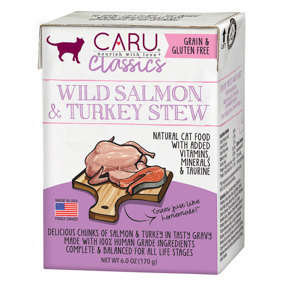 Caru Classics Wet Cat Food 6oz Carton Salmon Turkey Stew