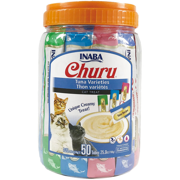 INABA Churu Creamy  Lickable Purée Cat Treat w Taurine  0.5 oz  50 Tubes  Tuna Variety