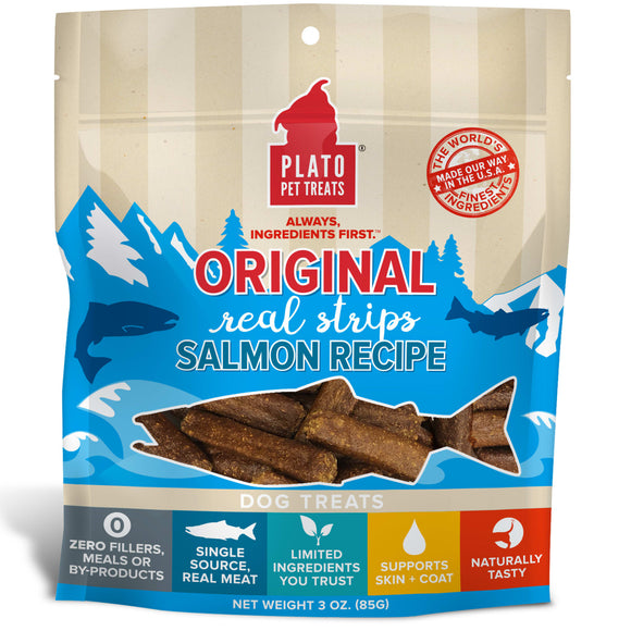 Plato Original Real Strips Salmon Recipe Dog Treats  3 Oz.