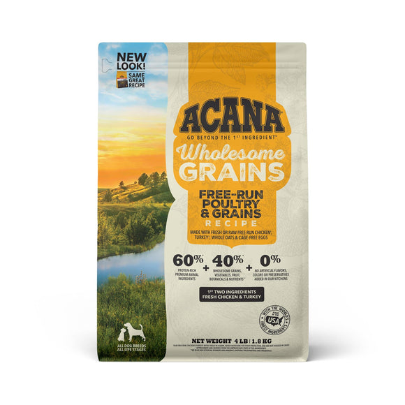 ACANA Wholesome Grains Dry Dog Food  Free Run Poultry and Grains  Chicken & Turkey  Cage-Free Eggs  Gluten Free  4lb