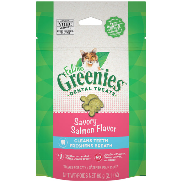 Greenies Feline Savory Salmon Flavor Dental & Crunchy Treat for Cat  2.1 oz.