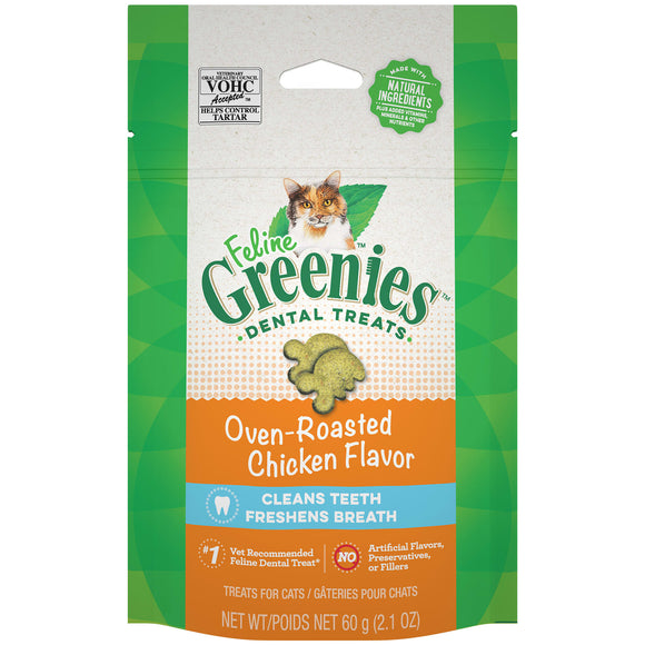 Greenies Feline Oven Roasted Chicken Flavor Crunchy Soft Treat for Cat  2.1 oz.