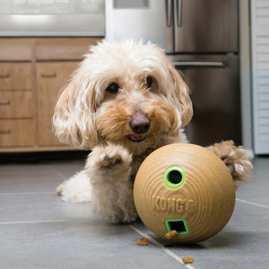 KONG Treat Dispenser Bamboo Feeder Ball Dog Toy, Medium, Tan