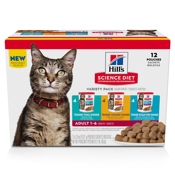 Hill s Science Diet Wet Cat Food Pouches Variety  Adult  2.8 oz Pouch  12 Pack