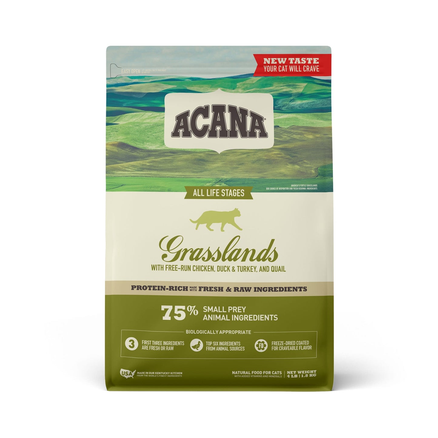 ACANA Grain-Free Grasslands Chicken Duck Turkey Fish and Quail Dry Cat Food, 4 lbs.