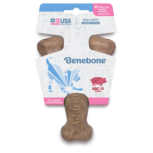 Benebone Puppy Wishbone Dog Chew Toy  Softer for Modest Chewers  Bacon  Small