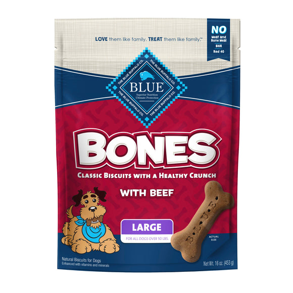 Blue Buffalo Bones Large Beef Flavor Crunchy Biscuit Treats for Dogs  Whole Grain  16 oz. Bag
