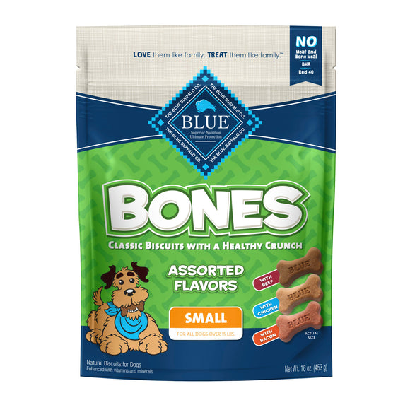 Blue Buffalo Bones Small Assorted Flavors Beef  Chicken & Bacon Flavor Crunchy Biscuit Treats for Dogs  Whole Grain  16 oz. Bag