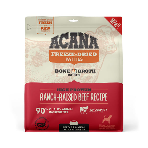 ACANA Grain Free High Protein Fresh & Raw Animal Ingredients Ranch-Raised Beef Recipe Freeze Dried Patties Dog Food, 14 oz.